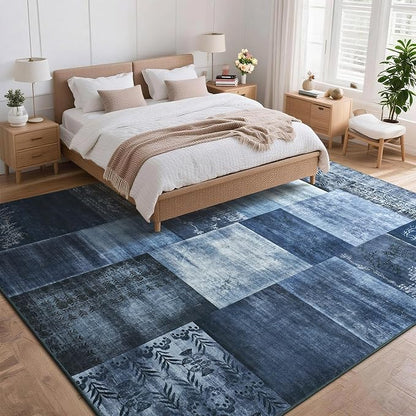 Tepook Modern Area Rug for Living Room, 5x7 Geometric Large Rugs for Bedroom, Washable Patchwork Rug Indoor Non-Slip Throw Carpets for Dining Room Office Farmhouse Home Decor, Blue