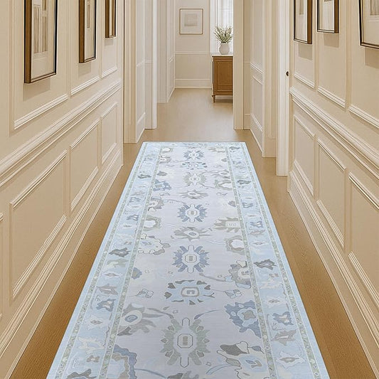 Fame Living Cream Blue Oushak Rug, Modern Rugs, Vintage, Turkish, Eclectic, Floral, Pastel, Washable, Small Throw, Accent Area Rug for Living Room, Bedroom, Kitchen, Bathroom, 2'5"x4'9"