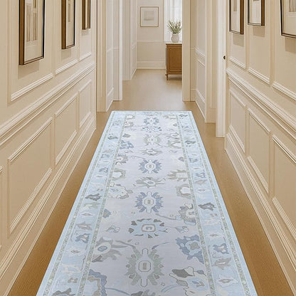 Fame Living Cream Blue Oushak Runner Rug, Modern Runners, Vintage, Turkish, Eclectic, Floral, Pastel, Washable, Long Runner Rugs for Hallway, Kitchen, Living Room, Bedroom, Kitchen, Bathroom, 2'5"x13'