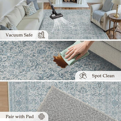 Area Rug 8x10 Blue Washable Living Room Carpet Soft Non Slip Vintage Bedroom Indoor Office Traditional Retro Distressed Large Thicker Throw Rug for Dining Room Playroom