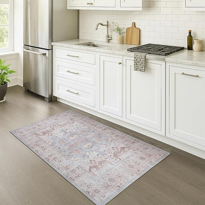 Fame Rugs Turkish Rug. Washable Vintage Oriental Antique Inspired Traditional Doormat Small Modern Area Rugs Luxury Entryway Entry Bedroom Bathroom Kitchen (403CC, 2'5 x 13'1)