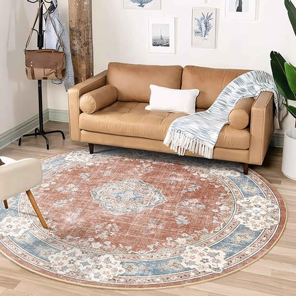 MUJOO Boho Round Rug 6ft,Circle Washable Area Rugs for Bedroom Living Room Bathroom, Large Vintage Distressed Non Slip Circular Carpet,Orange Navy Blue Floral
