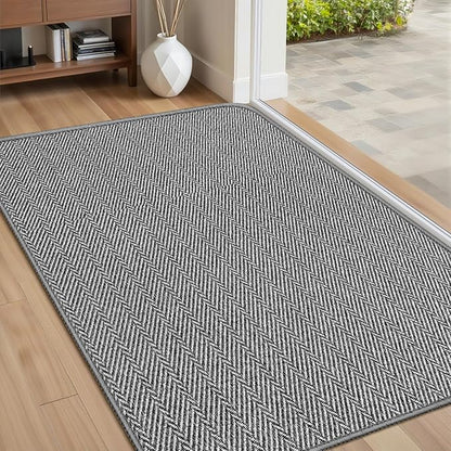 Ultra Thin Door Mat Indoor Entrance 24"x36", Low-Profile Indoor Door Mat, Non Slip Entry Mat Rubber Backing Unique Herringbone Design Inside Doormat Dirt Trapper Entryway Mats, Grey