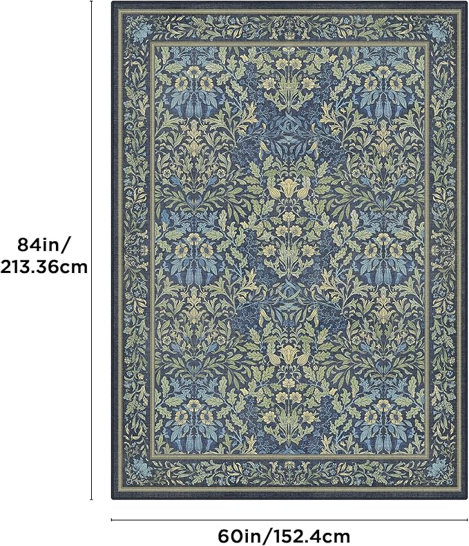 Bavni Floral Dark Blue Area Rugs 5x7, Vintage Boho Carpet Machine Washable, Non Slip Soft Low Pile Thin Rug for Bedroom, Living Room, Dining Room, Nursery