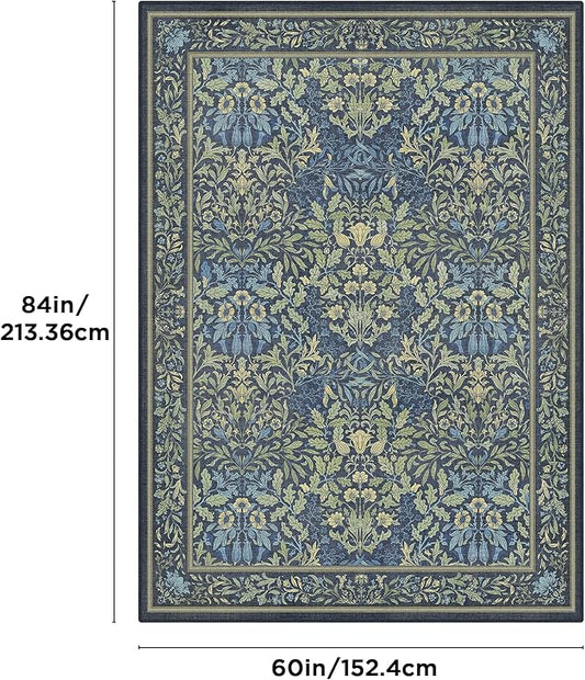 Bavni Floral Dark Blue Area Rugs 5x7, Vintage Boho Carpet Machine Washable, Non Slip Soft Low Pile Thin Rug for Bedroom, Living Room, Dining Room, Nursery