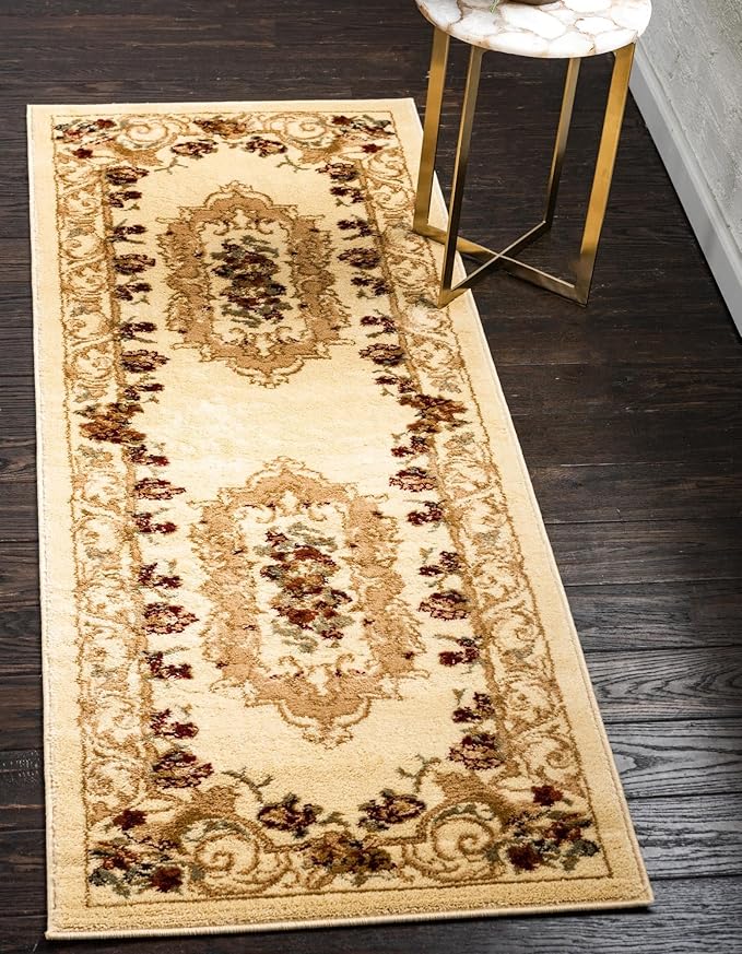 Rugs.com Chateau Collection Rug – 10 Ft Runner Cream Medium Rug Perfect for Hallways, Entryways