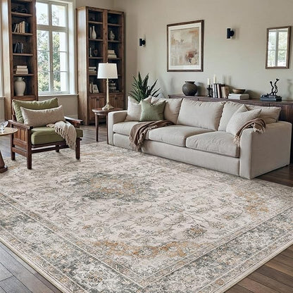 HUGEAR Retro Taupe Green Area Rug 5x7 Machine Washable Living Room Rugs Distressed Vintage Floral Low Pile Carpet Bedroom Office Dining Room Laundry Room Non Slip Soft Lightweight