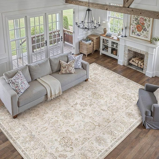 HUGEAR 6x9 Machine Washable Area Rugs Vintage Grey - Neutral Living Room Bedroom Rug Non Slip Stain Resistant Low Pile Aesthetic Throw Carpet Kids & Pet Friendly