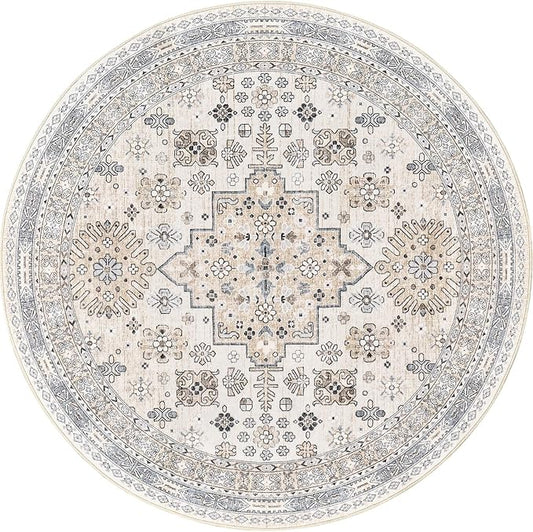 zesthome 8ft Round Rugs for Living Room, Non-Slip Washable Round Area Rugs, Ultra-Thin Large Circle Rugs, Soft Low Pile Rug for Bedroom, Kitchen - Vintage Stain Resistant Round Rug (Beige,8'x8')