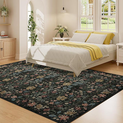 DUKINO 6x9 Rugs for Living Room, Vintage Washable Rug with Non Slip Backing, Floral Low Pile & Non-Shedding Large Area Carpets for Bedroom, Dining Room, Farmhouse, Home Office, Black