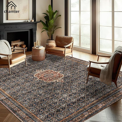 Area Rug 8x10 Washable Vintage Rug Traditional Mat Distressed Indoor Foldable Thin Retro Accent Floral Large Rugs Non Slip Carpet for Living Room Dining Room Office