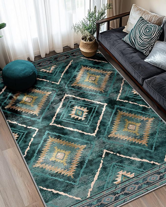 Area Rug 3x5 Rug Machine Washable Non-Slip Low Pile Print Pattern Western Rug for Living Room Bedroom Entryway Tribal Series -Teal/Green