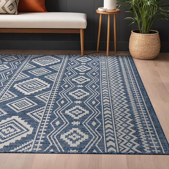 Beverly Rug Waikiki Boho Indoor Outdoor Rug 8x10, Washable Outside Carpet for Patio, Deck, Porch, Bohemian Area Rug, Farmhouse Rugs, Aztec Tribal Rug, Azure and White