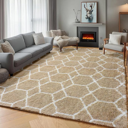 ONASAR 5x7 Area Rugs for Living Room Bedroom, Washable Fluffy Beige and White Shag Rug, Geometric Boho Soft Plush Shaggy Floor Carpet Mat for Nursery Kids Girls Boys Teen Dorm Home Decor Aesthetic