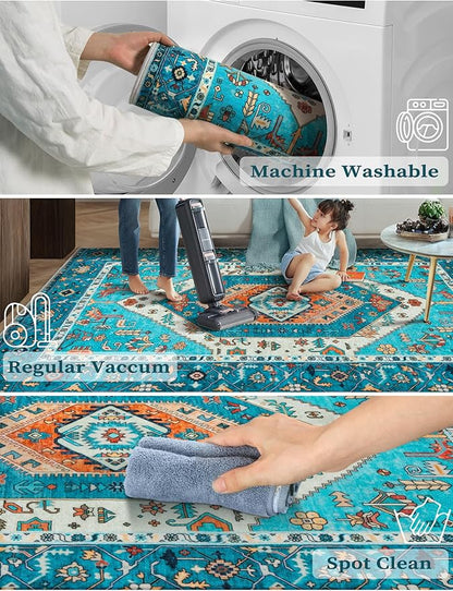 SERISSA Runner Rug for Hallways, 2'6"x14' Washable Non Slip Kitchen Runner Rug, Extra Long Boho Rug Ultra Soft Vintage Blue Print Floor Carpet for Bedroom Hallway Entryway Bathroom Laundry Room