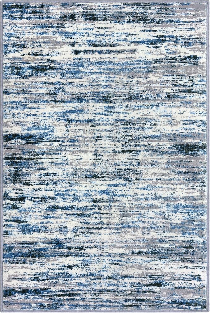 Modern Abstract 8x10 Large Machine Washable Living Room Rug Non-Slip Soft Bedroom Area Rug Grey Blue White Thin Print Faux Wool Carpet Throw Rugs for Nursery Playroom Dining Room Indoor