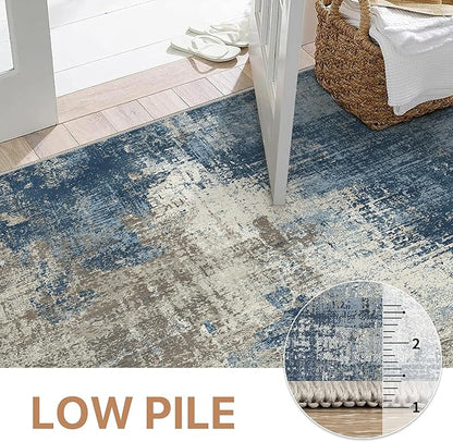 GENIMO Washable Area Rugs for Living Room, 9x12 Modern Non Slip Rugs, Low Pile Lightweight Soft Print Rug for Bedroom, Dining Room, Home Office, Washed Slate Blue