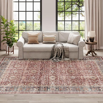 Dripex Vintage Washable Area Rug - 5x8 Distressed Rugs for Living Room Bedroom Oriental Medallion Floral Print Carpet Low-Pile Indoor Soft Non-Slip Accent Rug Farmhouse Office Home Decor