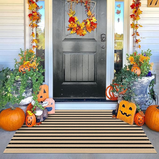 KOZYFLY 3'x5' Cotton Area Rug, Brown and Black Striped Outdoor Rug, Hand-Woven, Machine Washable, Perfect for Front Door, Kitchen, Living Room