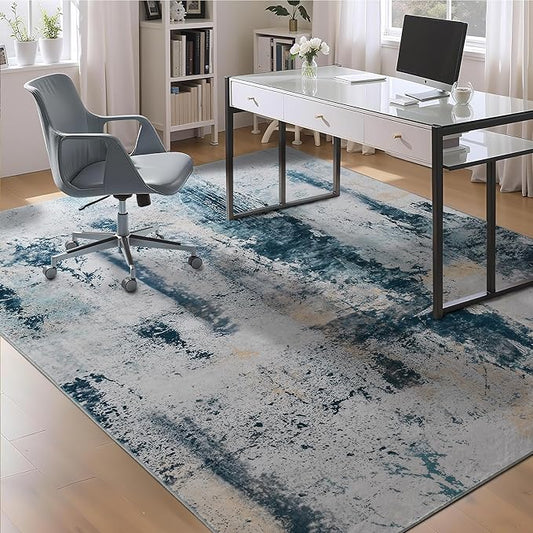 Living Room Rug 9x11 Aqua Blue Area Rugs Machine Washable Abstract Boho Large Rug Non-Slip Non-Shedding Faux Wool Indoor Vintage Carpet for Bedroom, Classroom, Dining Room, Kids Playroom