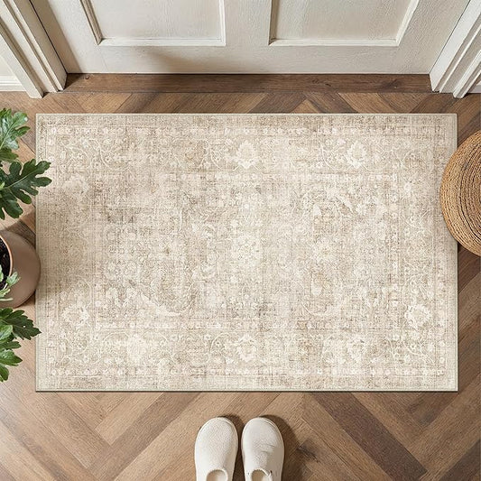 2x3 Beige Washable Area Rug for Entryway Neutral Soft Non Slip Small Carpet Low Pile Vintage Distressed Door Mat for Entrance Bathroom Bedroom Indoor