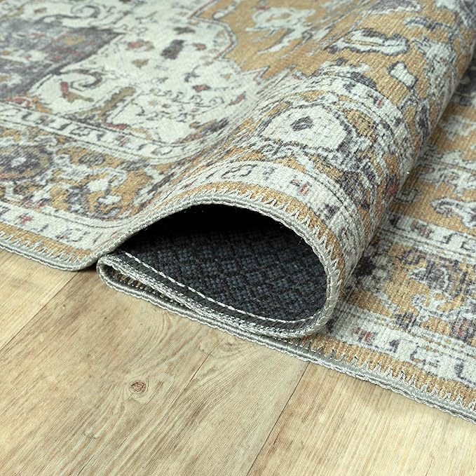 Bloom Rugs Washable Non-Slip 8' x 10' Rug - Yellow Traditional Medallion Area Rug for Living Room, Bedroom, Dining Room, and Kitchen - Exact Size: 8' x 10'