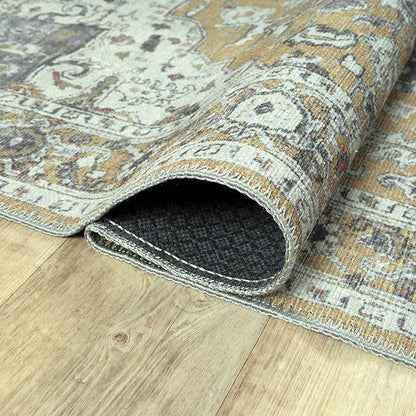 Bloom Rugs Washable Non-Slip 12 ft Runner - Yellow Traditional Medallion Runner for Entryway, Hallway, Bathroom, and Kitchen - Exact Size: 2.5' x 12'