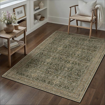 Entryway Area Rug 3x5 Green Brown Vintage Washable Office Carpet Traditional Distressed Indoor Entry Soft Non Slip Small Door Mat Retro Low Pile Thin Rug for Kitchen Laundry Bedroom