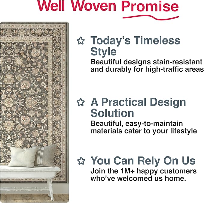 Well Woven Asha Rome Charcoal Brown 9'10" x 13' Area Rug - Oriental Floral Pattern, Easy Clean, Floor-Friendly Backing - for Living Room, Bedroom, and Dining Room