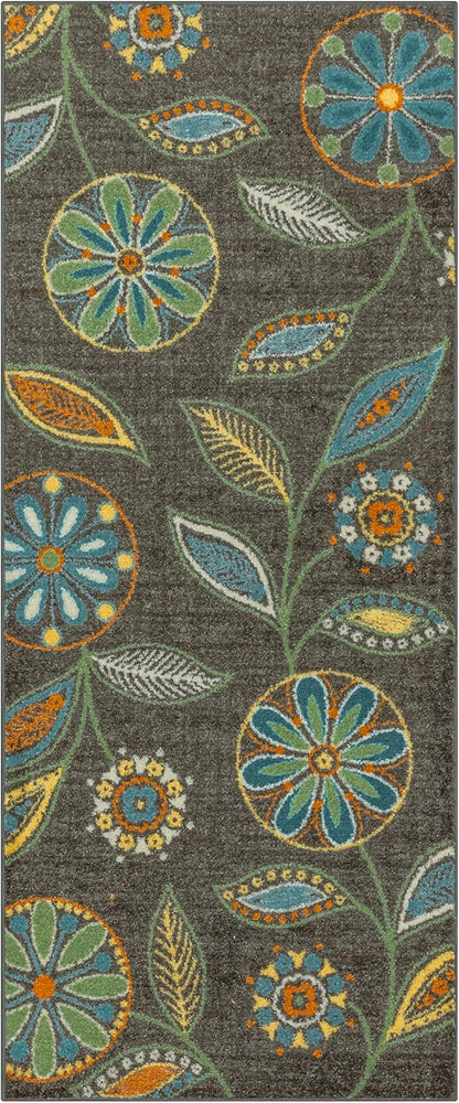 Maples Rugs Reggie Floral Runner Rug - Made in USA - Washable, Non Slip Indoor Carpet for Kitchen, Hallway, and Laundry Room, 2'6" x 6', Dark Grey