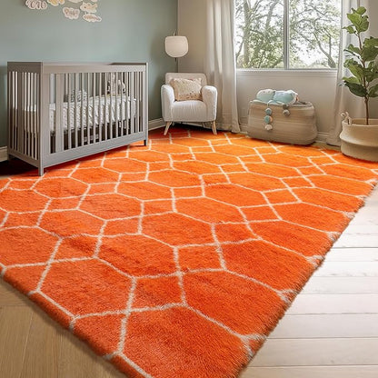 ONASAR Rugs for Living Room Bedroom, 5x8 Washable Fluffy Orange and White Area Rug, Geometric Boho Soft Plush Shaggy Fuzzy Floor Carpet for Nursery Kids Girls Boys Teen Dorm Home Decor Aesthetic