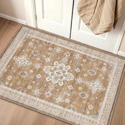 LUMI Indoor Thin Door Mat, 18x30 Washable Small Inside Doormat, Non Slip Low Pile Oriental Floor Carpet, Vintage Distressed Area Rug for Front Door,Entrance,Bedroom, Amber
