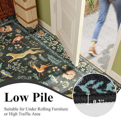 DUKINO Runner Rug, 2x7 Washable Kitchen Rugs for Hallways with Non Slip Backing, Soft Low Pile Vintage Animal Runner for Kitchen, Hallway, Entryway, Laundry, Bedroom, Black