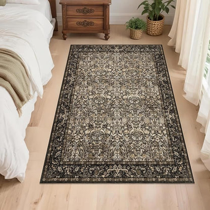Washable Living Room Rug: 3x5 Boho Floral Soft Area Rug for Bedroom Decor - Vintage Low Pile Thin Carpet for Dining Room Non-Slip - Farmhouse Stain Resistant Rugs - Dark Brown