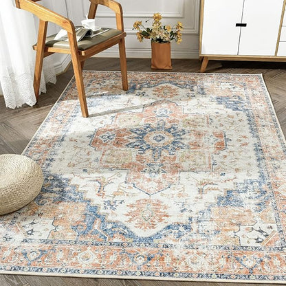 jinchan Kelda Area Rug 5x7 Washable Bedroom Rug Vintage Indoor Floor Cover Distressed Lightweight Non-Slip Low Pile Thin Mat Accent Stain Resistant Carpet for Living Room Dining Room Office Orange
