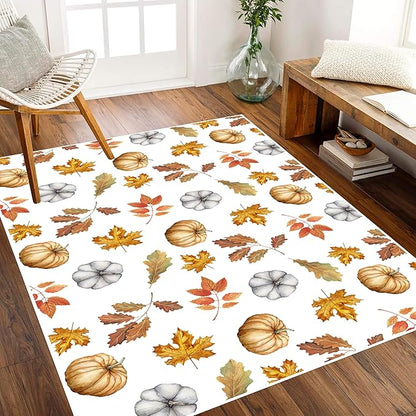 Pumpkin Area Rug, 5x6ft, Fun Vibrant Autumn Harvest Fallen Leaves Pumpkin Plant White Fall Porch Rug, Sturdy Non Slip Easy-Washing Fall Decorations for Home Bedroom