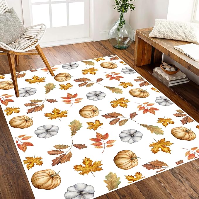 Pumpkin Area Rug, 4x6ft, Fun Vibrant Autumn Harvest Fallen Leaves Pumpkin Plant White Fall Porch Rug, Sturdy Non Slip Easy-Washing Fall Decorations for Home Bedroom