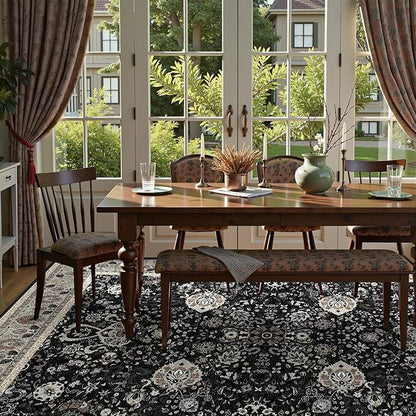 9x12 Rugs for Bedroom, Vintage Washable Rugs Non Slip Large Area Rug for Living Room Dining Room Office, Floor Decoration Big Rug Carpet Low-Pile Kid & Pet Friendly(Blcak Navy Multi
