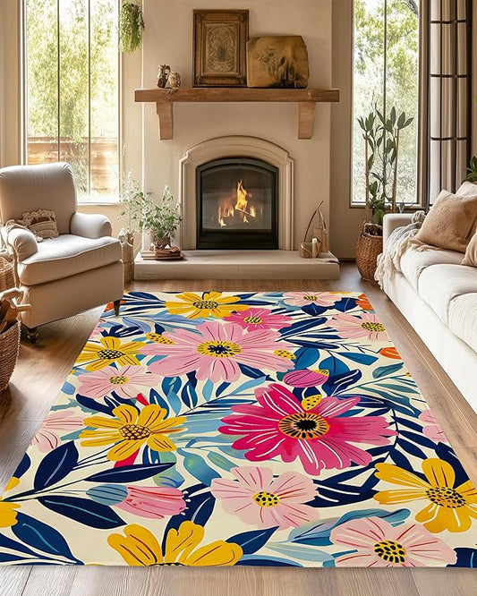 Pink Flowers Summer Area Rug for Living Room, Non-Slip Backing Low Pile Modern Abstract Rug for Indoor Use, 5x7 Washable Carpet