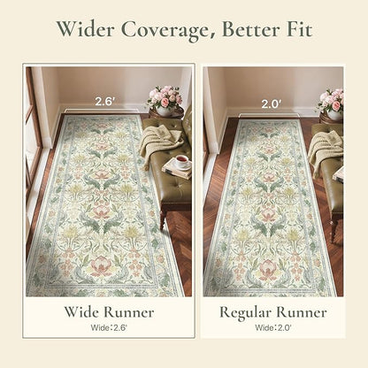 Bavni 2'6''x6 Runner Rug,Microfiber Washable Non-Slip Vintage Floral Rugs,Low Pile Lightweight Carpet for Bedroom,Hallway,Entryway,Kitchen,Bathroom, Beige&Green