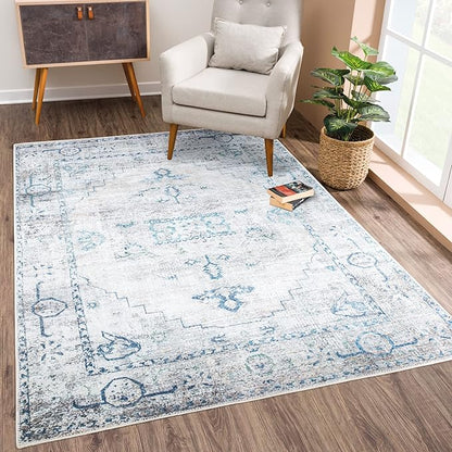 Bloom Rugs Washable Non-Slip 6' x 9' Rug - Teal/Beige Traditional Area Rug for Living Room, Bedroom, Dining Room, and Kitchen - Exact Size: 6' x 9'