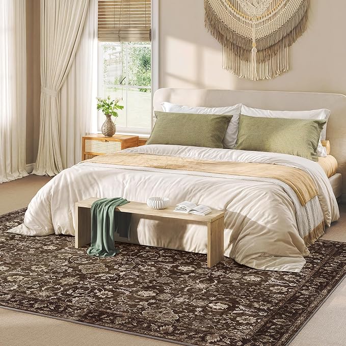 8x10 Washable Rugs for Living Room, Soft Large Rugs Brown Area Rug, Indoor Vintage Carpet for Bedroom Dining Room Office, Rubber Backed Non Slip Low Pile Mat, Dark Brown