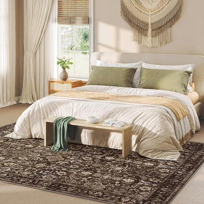 8x10 Washable Rugs for Living Room, Soft Large Rugs Brown Area Rug, Indoor Vintage Carpet for Bedroom Dining Room Office, Rubber Backed Non Slip Low Pile Mat, Dark Brown