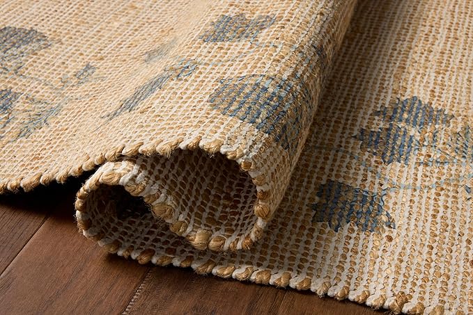Loloi Chris Loves Julia Rue Collection RUE-05 Natural/Denim 7'-6" x 9'-6" Area Rug Jute Neutral Floral Living Room Bedroom Rug