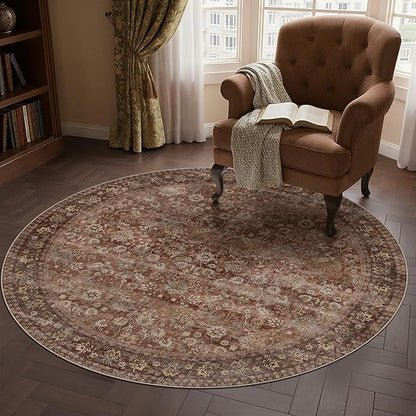 HUGEAR Round Rug 5ft Entryway Rugs Machine Washable Brick Red Hallway Area Rug 5x5 Small Circle Accent Rug Floral Low Pile Carpet Soft Throw Rug Living Room Office Laundry Room Entrance Non Slip