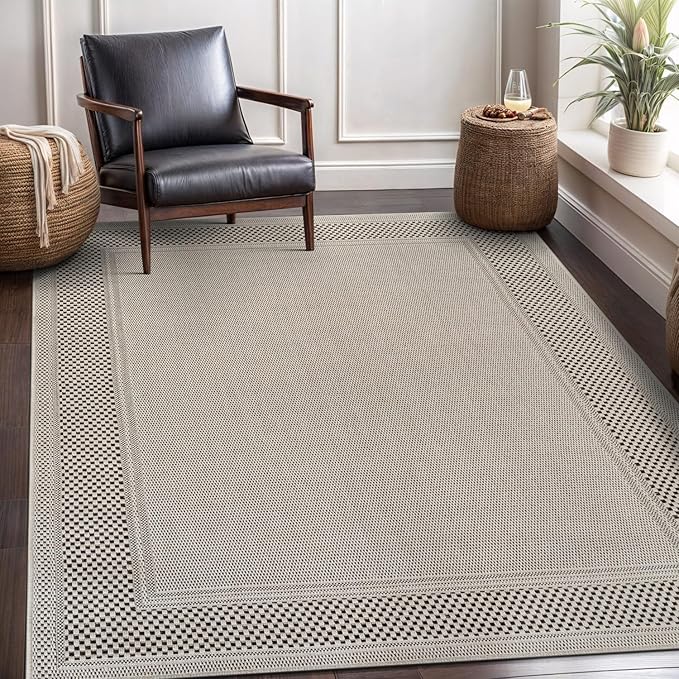 CAMILSON Easy Jute Rug 6x9, Indoor Outdoor Off-White Color Fiber Area Rugs for Entry, Living Room and Farmhouse Rug, Bordered Boho Woven Design, Easy-Cleaning, Washable Outside Carpet (6 x 9)