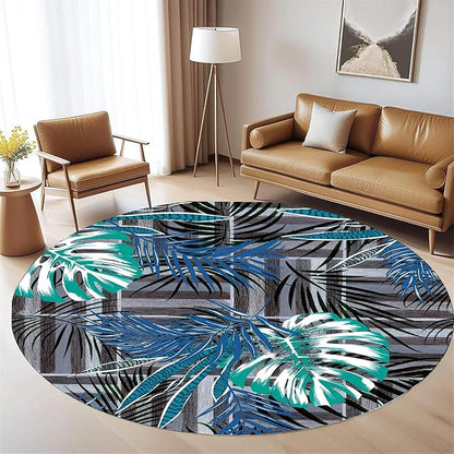 Round Area Rug 7ft - Abstract Palm Leaf Pattern, Non-Slip Machine Washable Low Pile Carpet for Bathroom, Living Room, Bedroom, Entryway, Durable Indoor Floor Mat