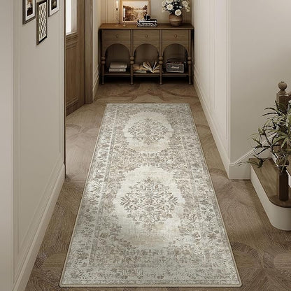 2x6 Runner Rug Beige Washable Hallway Kitchen Bedroom Vintage Distressed Bathroom Non Slip Medallion Floral Carpet Indoor Retro Throw Floor Mat for Office Dining Laundry Living Room
