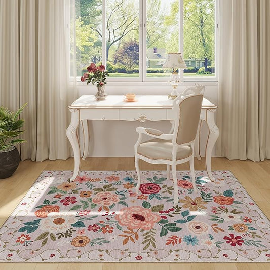 DUKINO 3x5 Area Rug, Floral Rugs for Entryway, Lightweight Non Slip Washable Rug, Indoor Low Pile & Non-Shedding Boho Design Rugs for Bedroom, Living Room, Dining Room, Kitchen, Beige