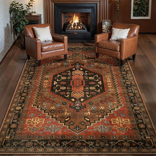 Ciicool 3x5 Area Rug, Washable Red Boho Rugs for Bedroom Non-Slip Indoor Rugs Large Low-Pile Mat Floor Carpet Vintage Rug for Kitchen Living Room Office Dinning Foyer Decor